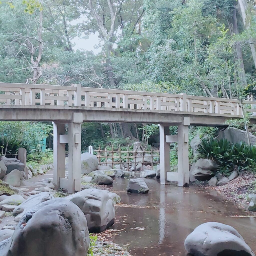 木製の橋と公園内を流れる水